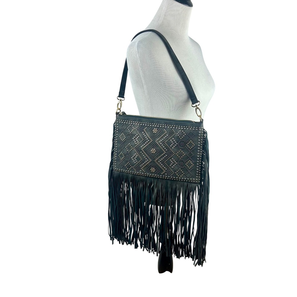 New Directions Black Studded Fringe Crossbody Bag Western Boho Faux Suede Clutch